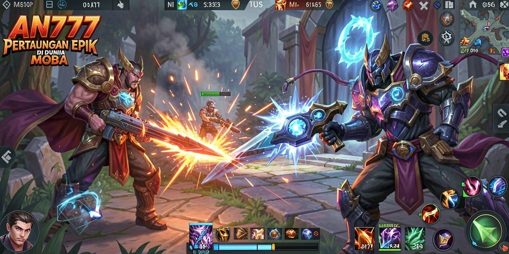 Screenshot gameplay AN777 menampilkan pertempuran seru antara tim di arena.