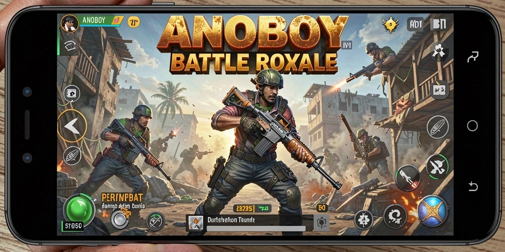 Screenshot gameplay ANOBOY menampilkan aksi pertarungan Battle Royale yang intens.