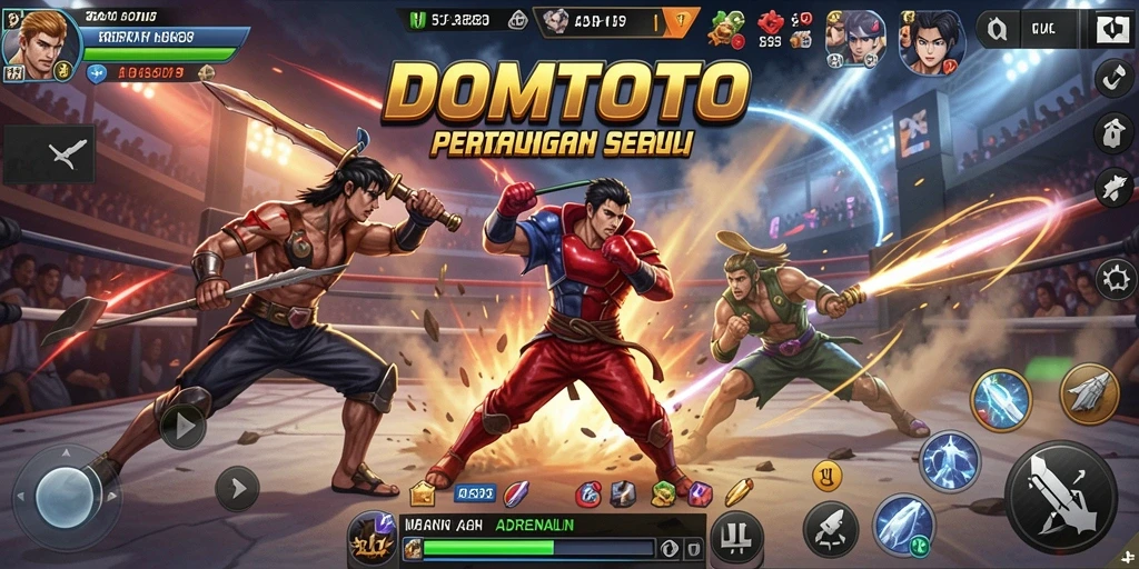 Tampilan gameplay menegangkan dalam DOMTOTO, penuh aksi pertarungan.