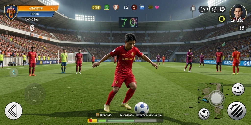 Tampilan gameplay GIM999 yang menampilkan pertandingan sepak bola yang realistis.
