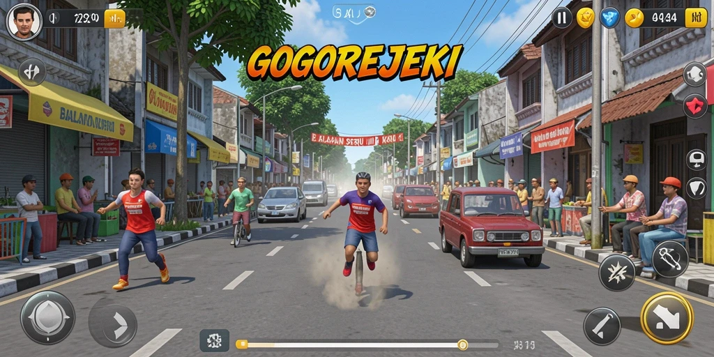 Tampilan gameplay seru GOGOREJEKI dengan balapan yang mendebarkan.