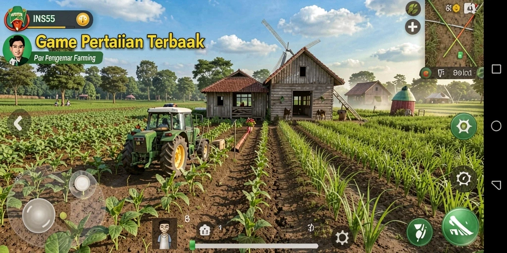 Tangkapan layar utama INS55 menampilkan kebun yang subur dan tanaman yang beragam.