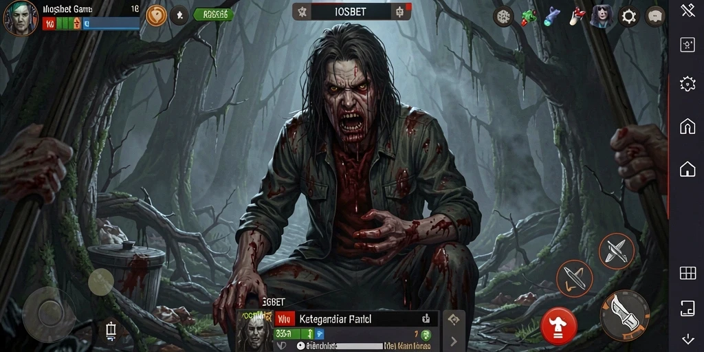 Tampilan gameplay IOSBET dengan monster menakutkan di kegelapan.