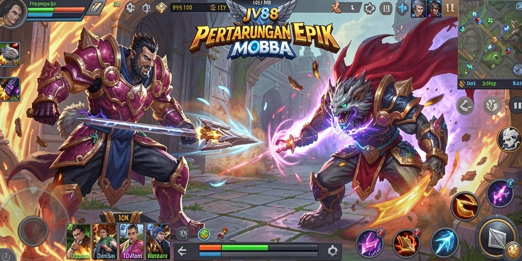 Screenshot JV88 menunjukkan aksi intens di arena MOBA.