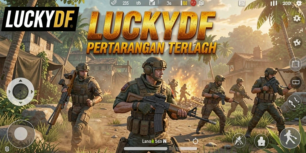 Screenshot utama LUCKYDF menampilkan aksi seru di medan perang Battle Royale.