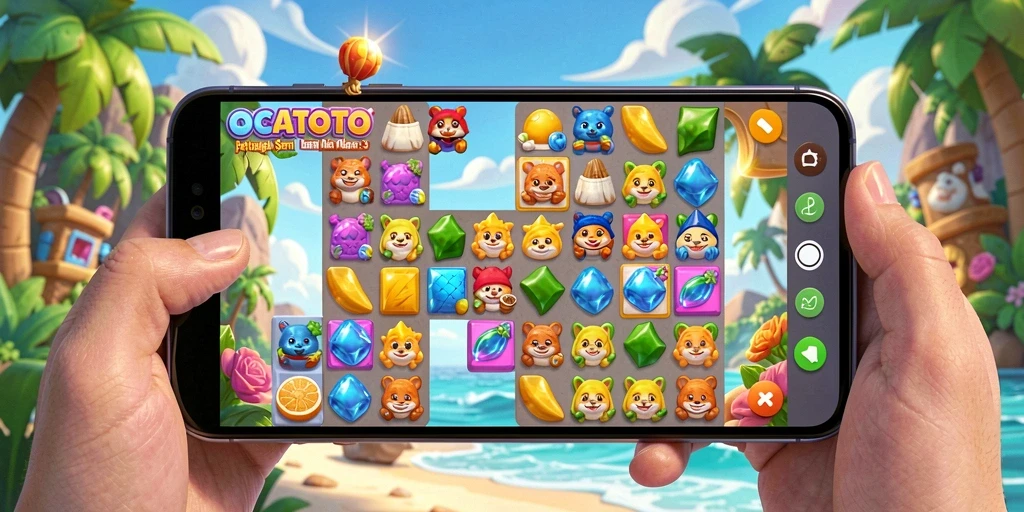 Tampilan menarik dari gameplay OCATOTO Match-3 yang penuh warna.
