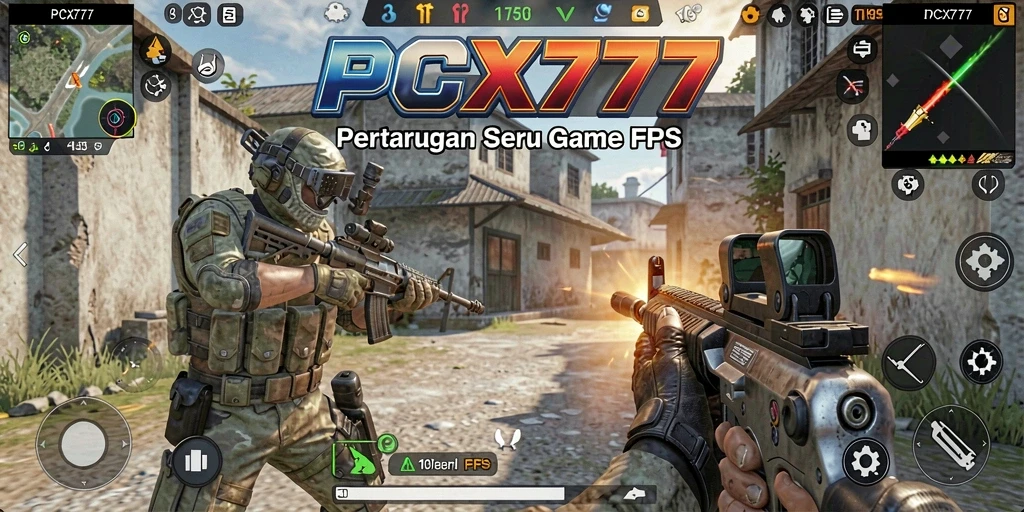 Screenshot menunjukkan aksi intens dalam game FPS PCX777.