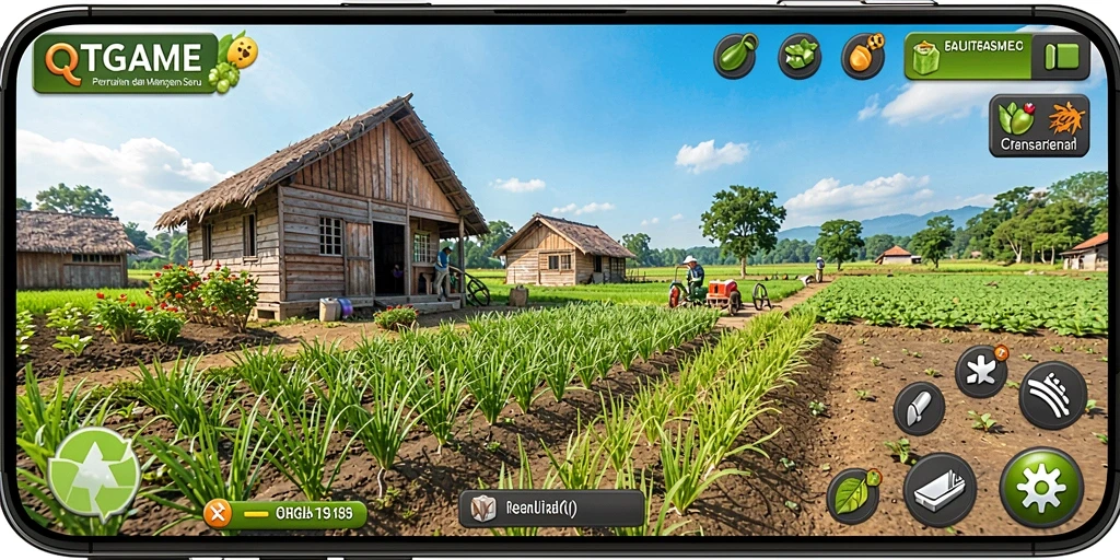 Screenshot gameplay QTGAME dengan latar pertanian yang indah.