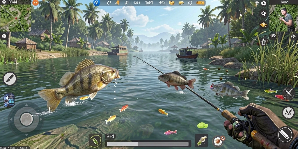 Screenshot utama RR44 menampilkan gameplay memancing yang seru.