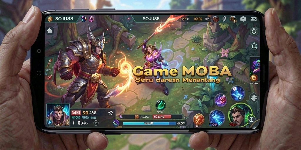 Menampilkan aksi seru dalam game MOBA SOJU88.