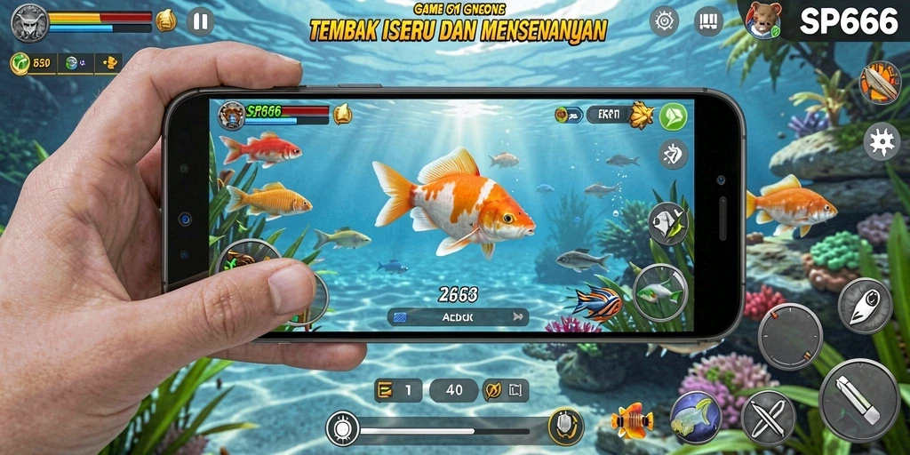 Tampilan gameplay SP666 yang seru dengan ikan berwarna-warni.